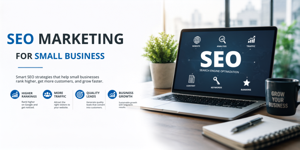 SEO marketing for small business with laptop, search optimization, higher rankings, traffic, and business growth